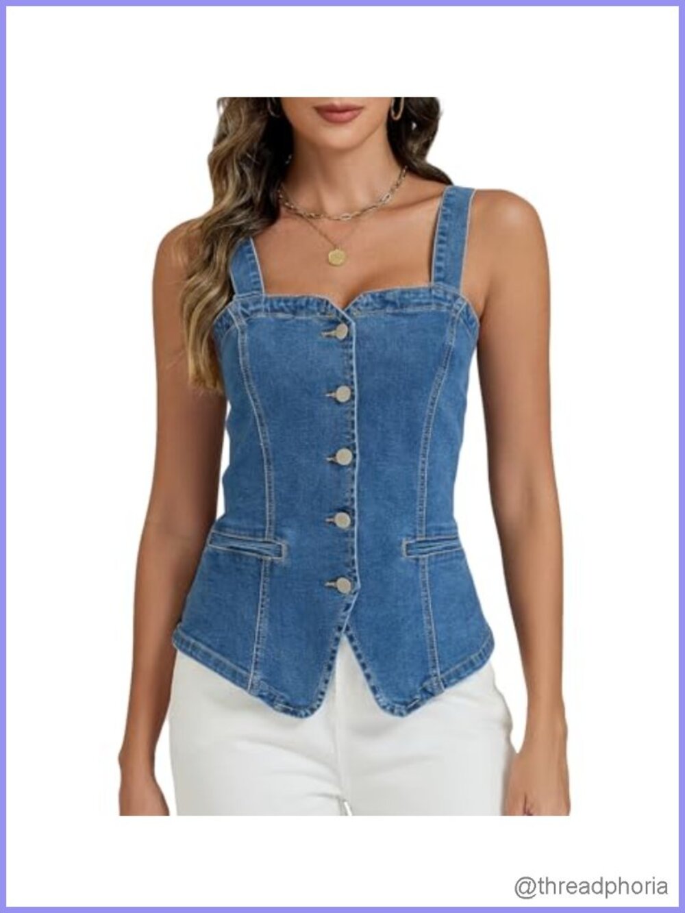 Stretchy Denim Corset Tank Top for Women Button Down Square Neck Vest Top